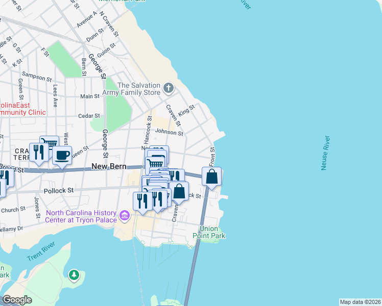 map of restaurants, bars, coffee shops, grocery stores, and more near 221 New Street in New Bern