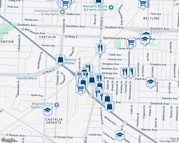 map of restaurants, bars, coffee shops, grocery stores, and more near 1335 Bruce Street in Memphis
