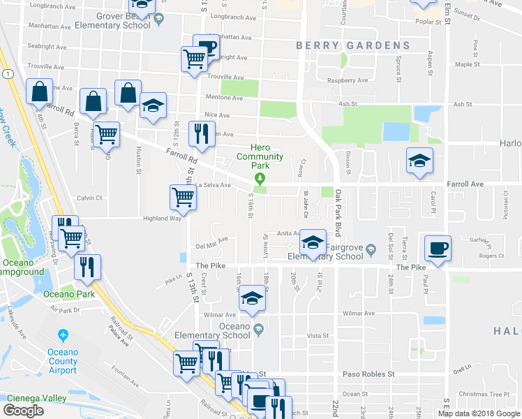 map of restaurants, bars, coffee shops, grocery stores, and more near 1138 Loreto Court in Grover Beach