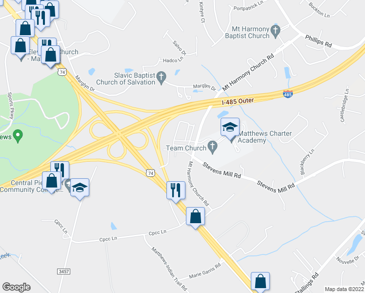 map of restaurants, bars, coffee shops, grocery stores, and more near 2115 Stevens Mill Road in Matthews