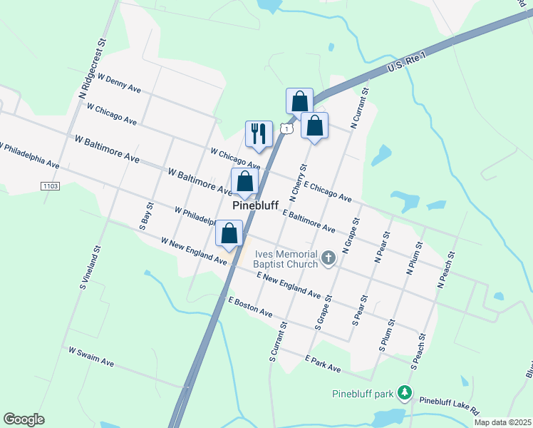 map of restaurants, bars, coffee shops, grocery stores, and more near East Baltimore Avenue in Pinebluff