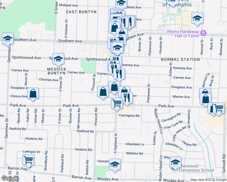 map of restaurants, bars, coffee shops, grocery stores, and more near 824 South Highland Street in Memphis