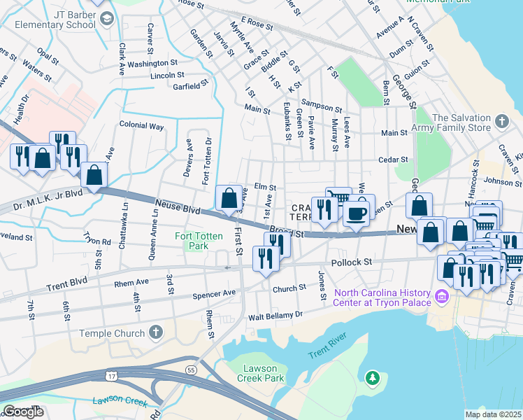 map of restaurants, bars, coffee shops, grocery stores, and more near 508 1st Avenue in New Bern