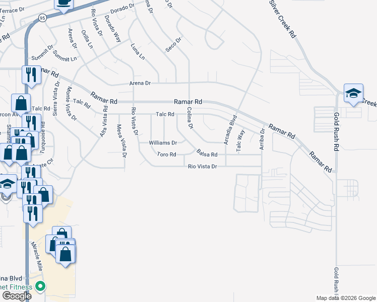 map of restaurants, bars, coffee shops, grocery stores, and more near 1718 Toro Road in Bullhead City