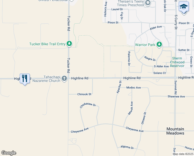 map of restaurants, bars, coffee shops, grocery stores, and more near 15100 Highline Road in Tehachapi