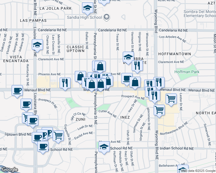 map of restaurants, bars, coffee shops, grocery stores, and more near 7700 Menaul Boulevard Northeast in Albuquerque