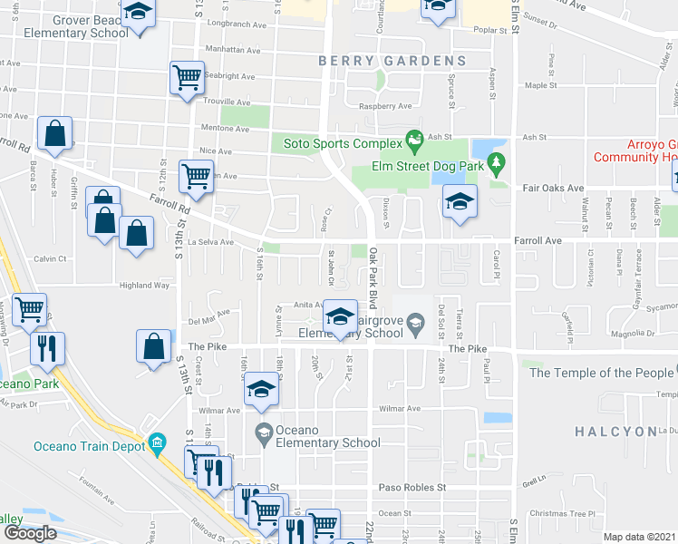 map of restaurants, bars, coffee shops, grocery stores, and more near 1136 Saint John Circle in Grover Beach