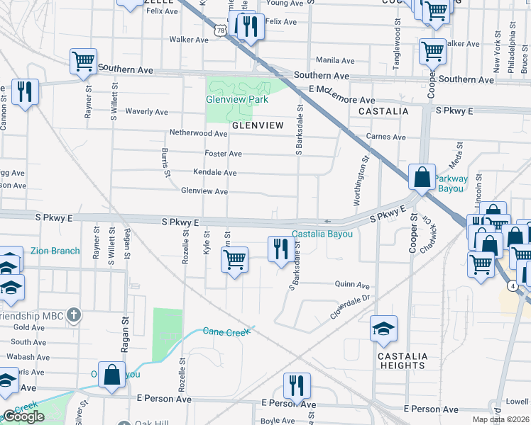 map of restaurants, bars, coffee shops, grocery stores, and more near 1832 South Parkway East in Memphis