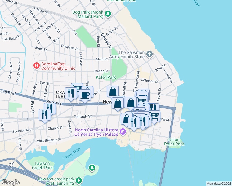 map of restaurants, bars, coffee shops, grocery stores, and more near 407 Metcalf Street in New Bern