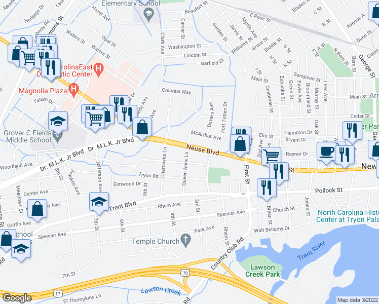 map of restaurants, bars, coffee shops, grocery stores, and more near 1513 Neuse Boulevard in New Bern