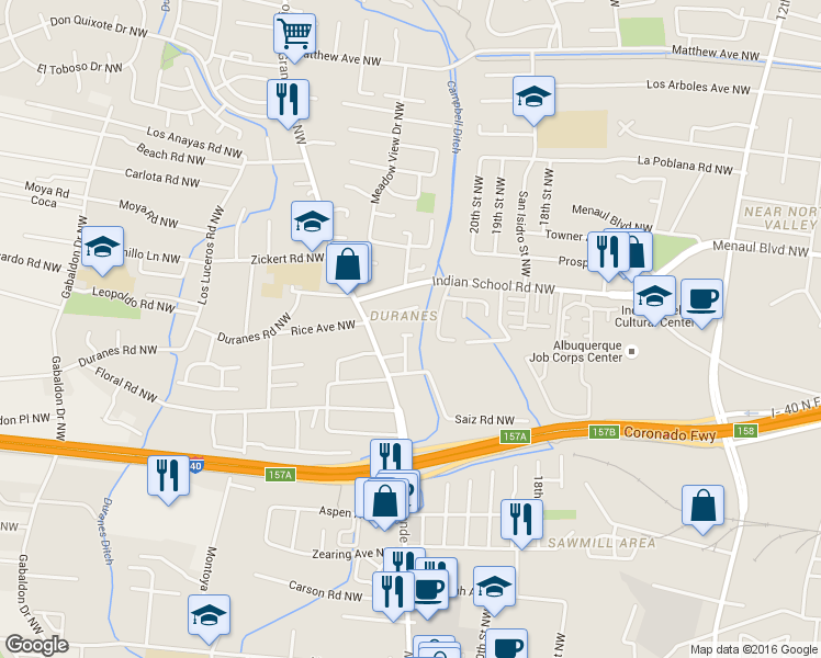 map of restaurants, bars, coffee shops, grocery stores, and more near 2305 San Francisco Road Northwest in Albuquerque