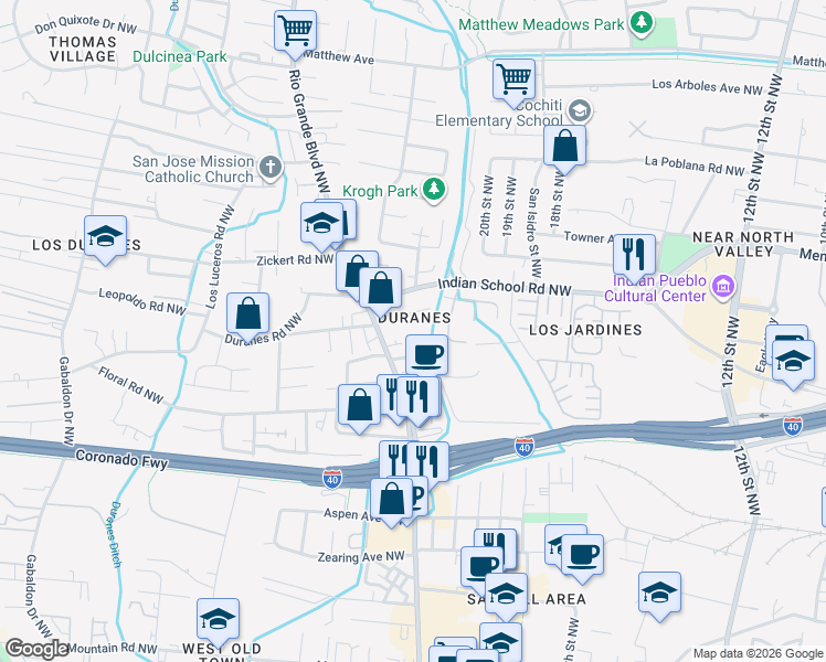 map of restaurants, bars, coffee shops, grocery stores, and more near 2305 San Francisco Road Northwest in Albuquerque