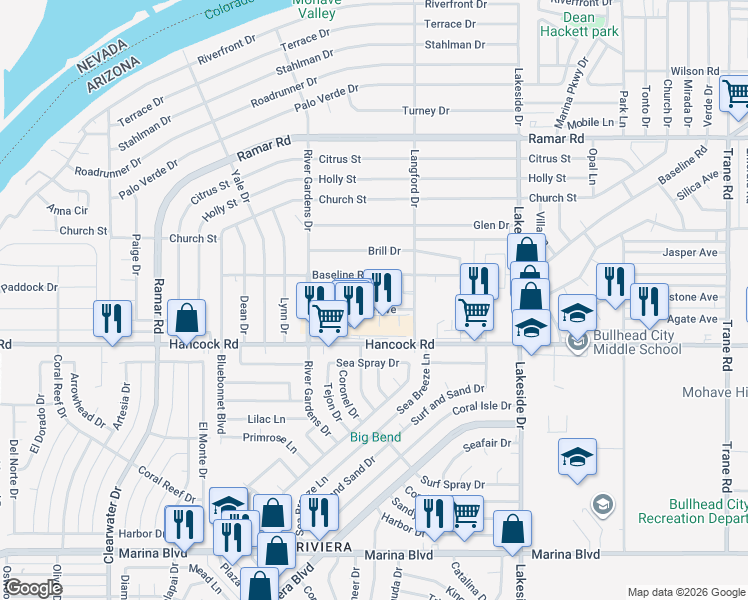map of restaurants, bars, coffee shops, grocery stores, and more near 808 Gemstone Avenue in Bullhead City