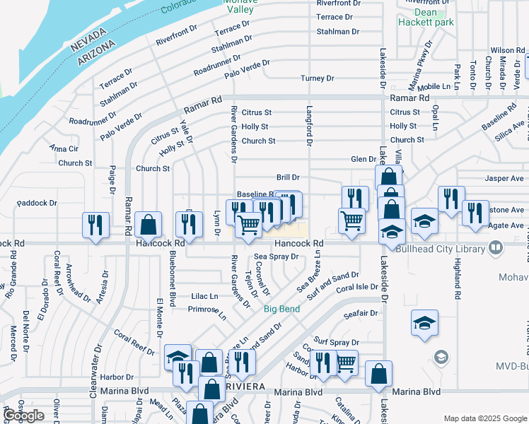 map of restaurants, bars, coffee shops, grocery stores, and more near 808 Gemstone Avenue in Bullhead City