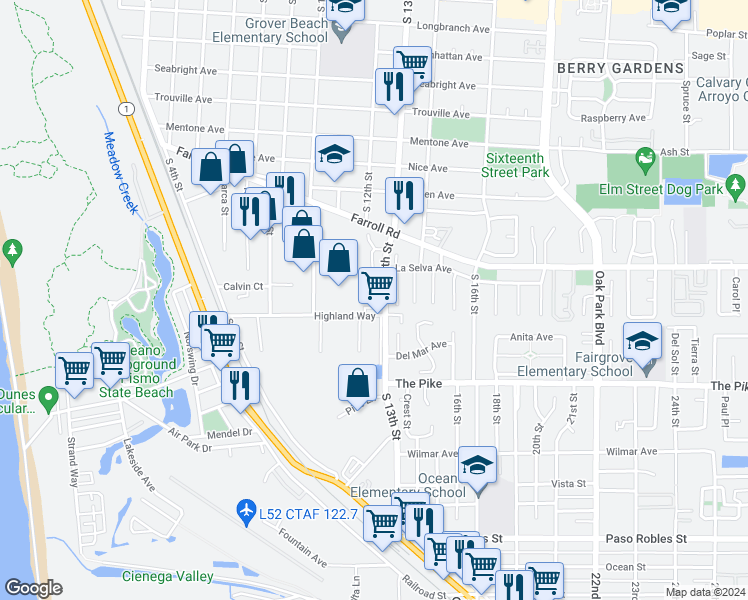 map of restaurants, bars, coffee shops, grocery stores, and more near 1286 Aberdeen Court in Grover Beach