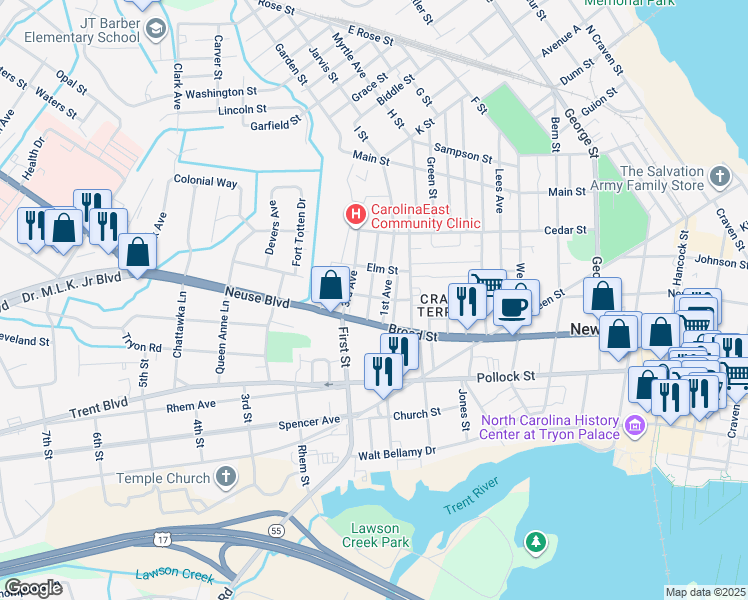 map of restaurants, bars, coffee shops, grocery stores, and more near 508 1st Avenue in New Bern