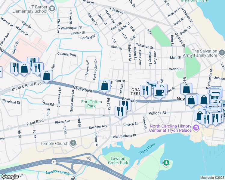 map of restaurants, bars, coffee shops, grocery stores, and more near 506 3rd Avenue in New Bern