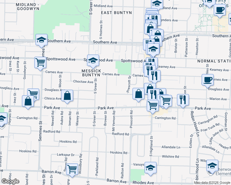 map of restaurants, bars, coffee shops, grocery stores, and more near 3357 Douglass Avenue in Memphis