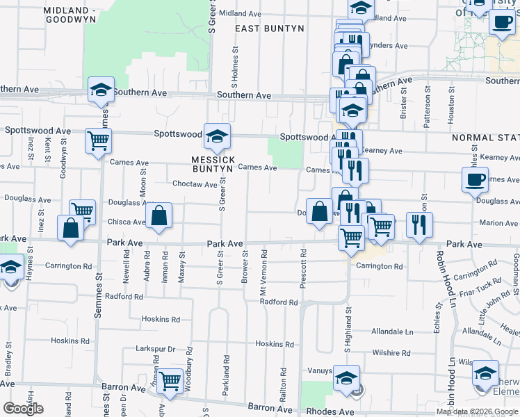 map of restaurants, bars, coffee shops, grocery stores, and more near 826 Brower Street in Memphis