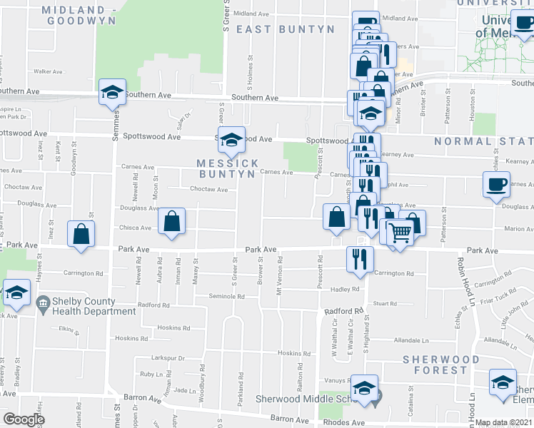 map of restaurants, bars, coffee shops, grocery stores, and more near 826 Brower Street in Memphis
