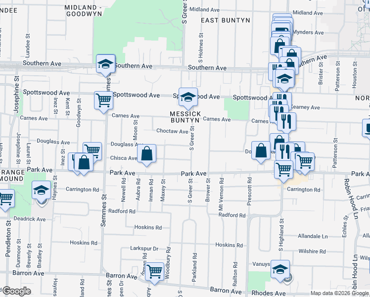 map of restaurants, bars, coffee shops, grocery stores, and more near 3226 Chisca Avenue in Memphis