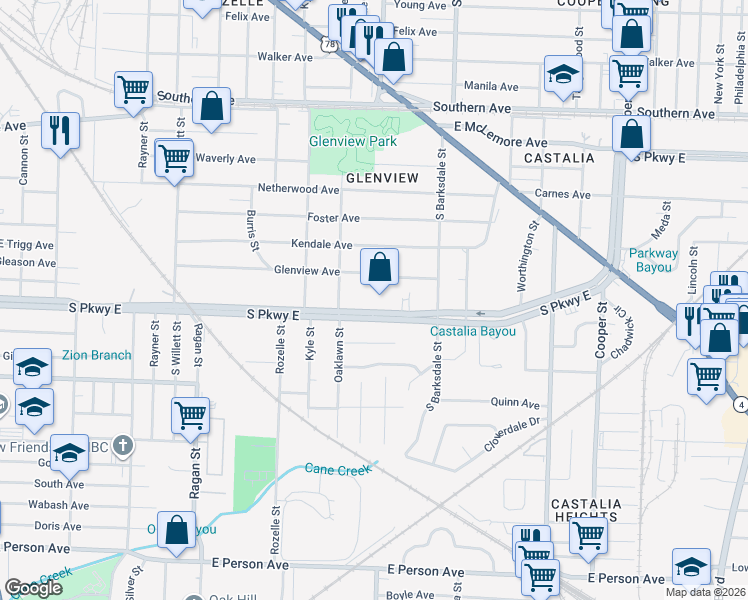 map of restaurants, bars, coffee shops, grocery stores, and more near 1832 South Parkway East in Memphis