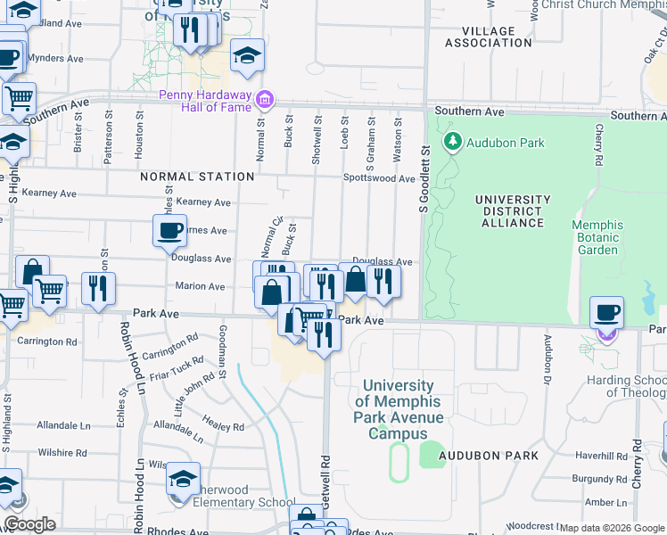 map of restaurants, bars, coffee shops, grocery stores, and more near 795 Loeb Street in Memphis
