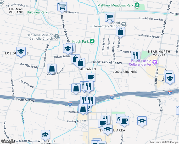 map of restaurants, bars, coffee shops, grocery stores, and more near 2305 San Francisco Road Northwest in Albuquerque