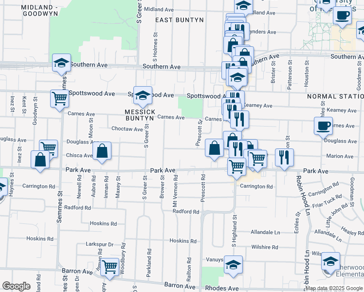 map of restaurants, bars, coffee shops, grocery stores, and more near 3352 Douglass Avenue in Memphis