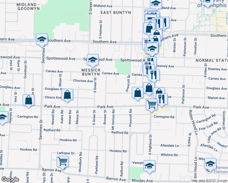 map of restaurants, bars, coffee shops, grocery stores, and more near 3336 Douglass Avenue in Memphis