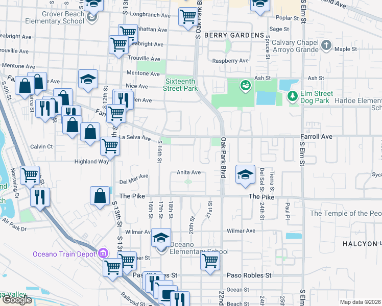 map of restaurants, bars, coffee shops, grocery stores, and more near 1138 Rose Court in Grover Beach