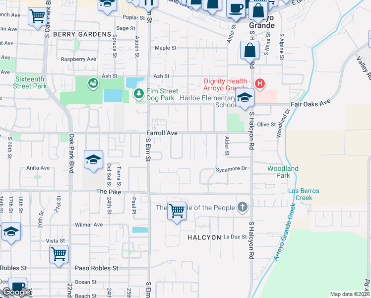map of restaurants, bars, coffee shops, grocery stores, and more near 588 Victorian Court in Arroyo Grande