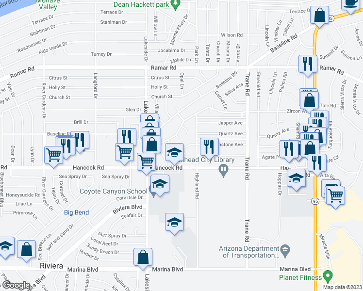 map of restaurants, bars, coffee shops, grocery stores, and more near 1093 Gemstone Avenue in Bullhead City