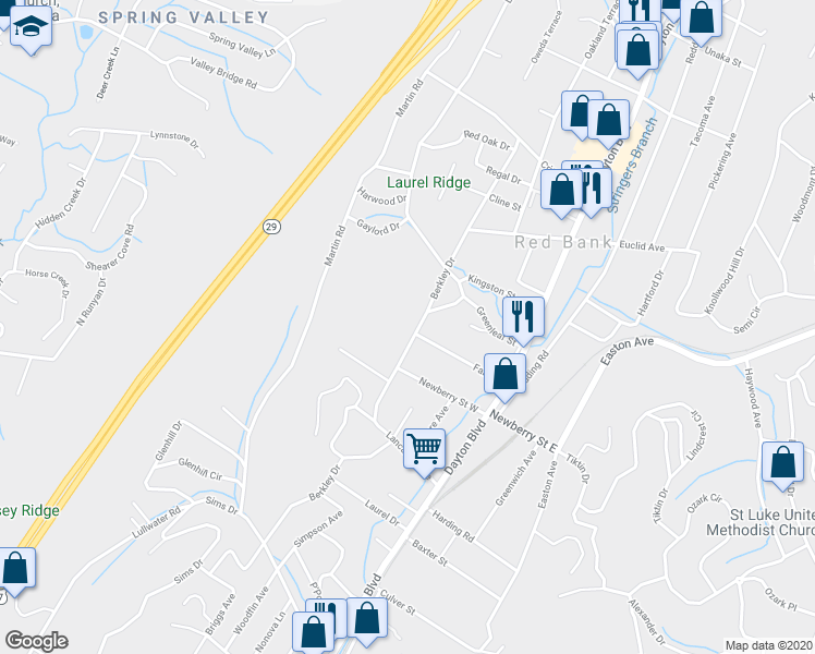 map of restaurants, bars, coffee shops, grocery stores, and more near 3211 Berkley Drive in Chattanooga