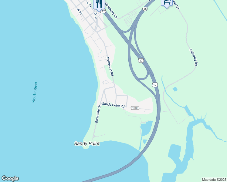map of restaurants, bars, coffee shops, grocery stores, and more near 221 Bernhurst Road in New Bern