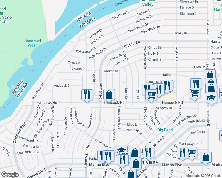 map of restaurants, bars, coffee shops, grocery stores, and more near 555 Holly Street in Bullhead City