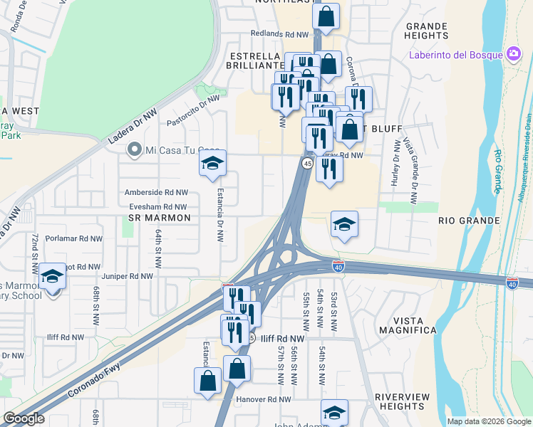 map of restaurants, bars, coffee shops, grocery stores, and more near 2300 Maiden Grass Road Northwest in Albuquerque