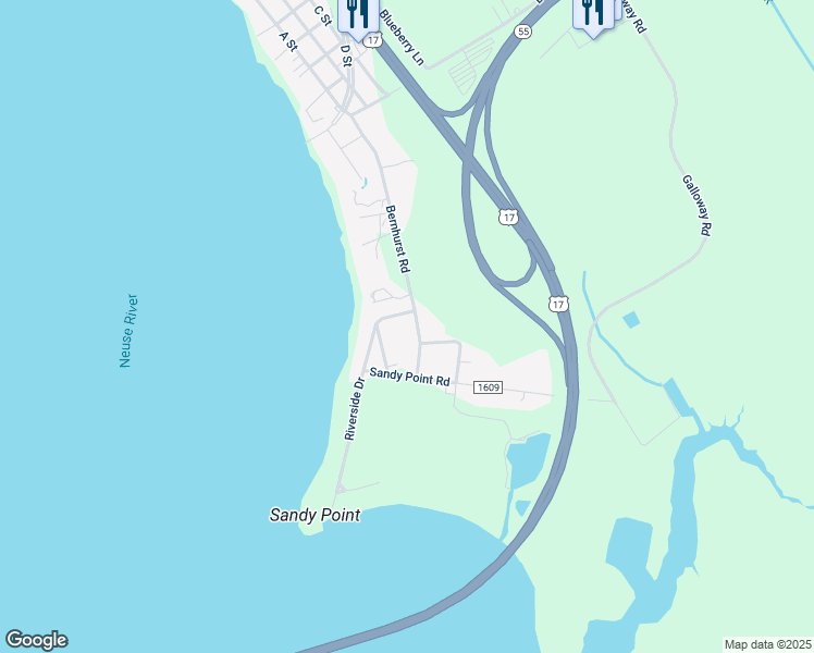 map of restaurants, bars, coffee shops, grocery stores, and more near 221 Bernhurst Road in New Bern