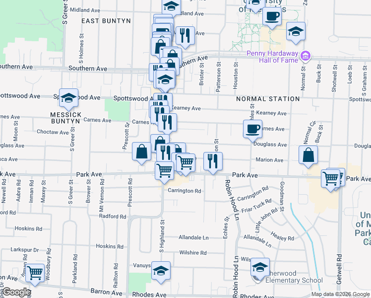 map of restaurants, bars, coffee shops, grocery stores, and more near 3540 Marion Avenue in Memphis