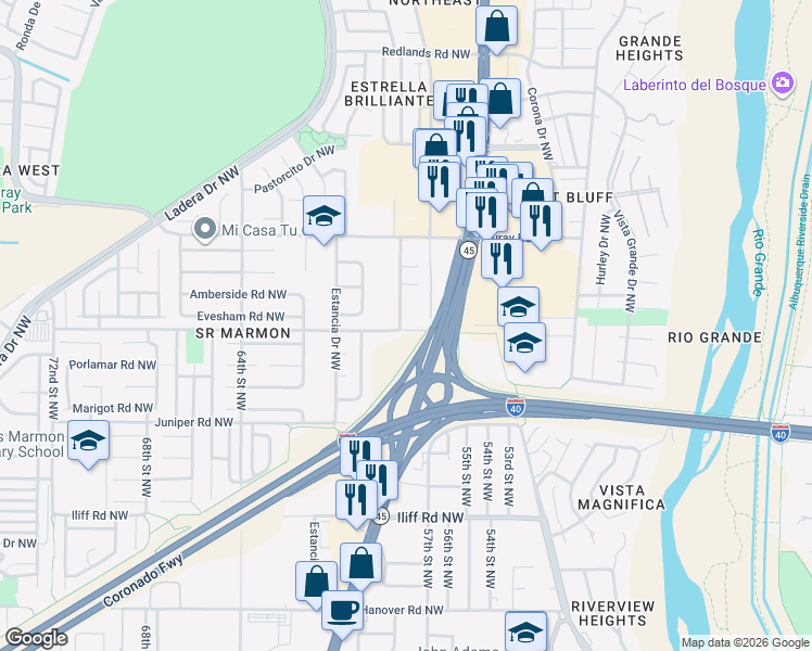 map of restaurants, bars, coffee shops, grocery stores, and more near 2300 Maiden Grass Road Northwest in Albuquerque
