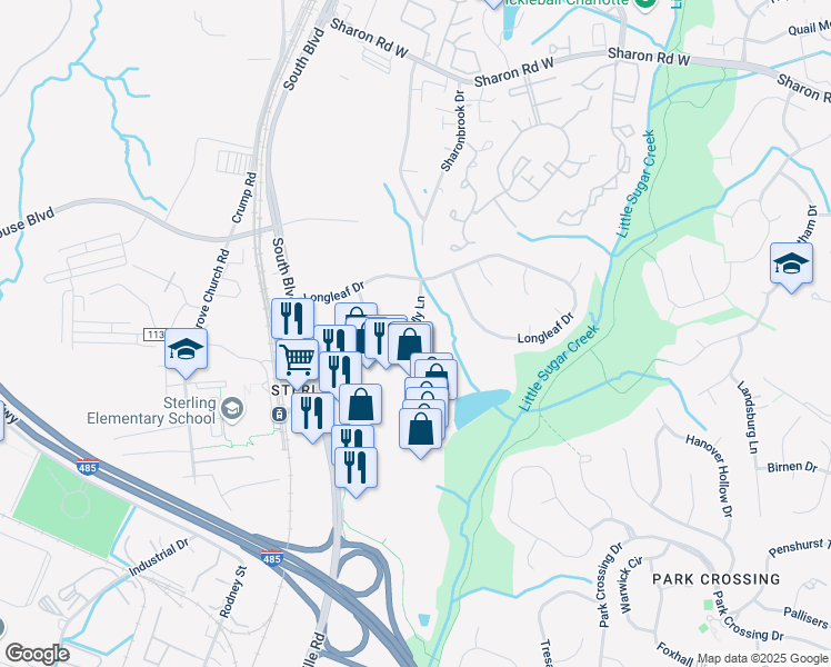 map of restaurants, bars, coffee shops, grocery stores, and more near 9540 Loblolly Lane in Charlotte