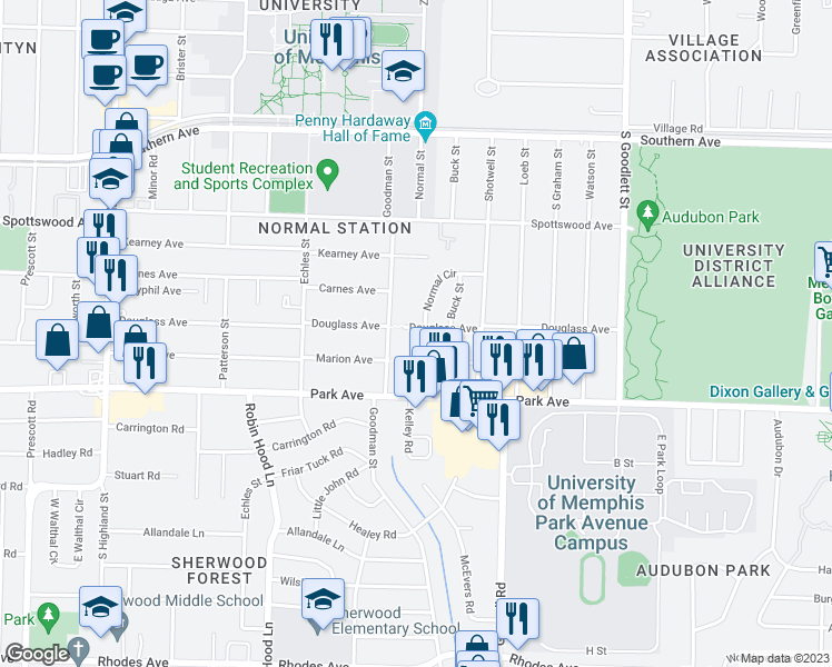 map of restaurants, bars, coffee shops, grocery stores, and more near 3853 Douglass Avenue in Memphis