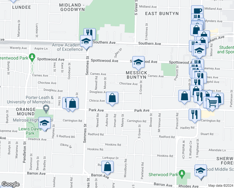 map of restaurants, bars, coffee shops, grocery stores, and more near 3157 Douglass Avenue in Memphis