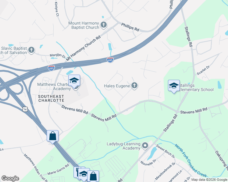 map of restaurants, bars, coffee shops, grocery stores, and more near 5033 Blackberry Lane in Matthews