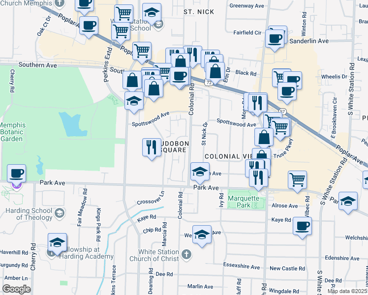map of restaurants, bars, coffee shops, grocery stores, and more near 4780 Eagle Crest Drive in Memphis
