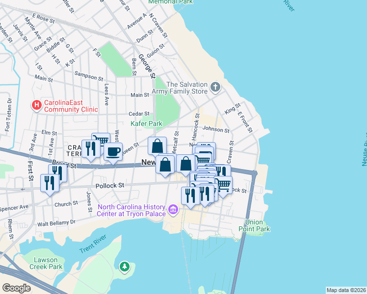 map of restaurants, bars, coffee shops, grocery stores, and more near 511 New Street in New Bern