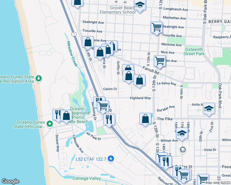 map of restaurants, bars, coffee shops, grocery stores, and more near 901 Highland Way in Grover Beach