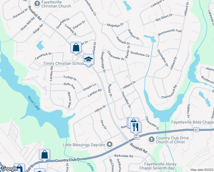 map of restaurants, bars, coffee shops, grocery stores, and more near 3601 Daughtridge Drive in Fayetteville