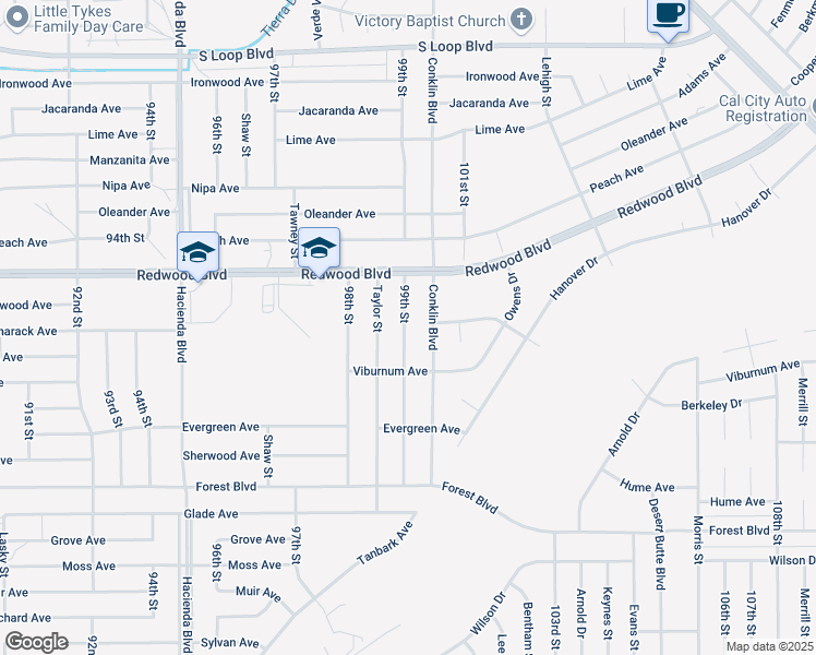 map of restaurants, bars, coffee shops, grocery stores, and more near 99th Street in California City