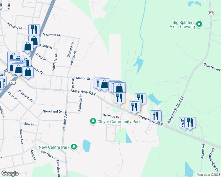 map of restaurants, bars, coffee shops, grocery stores, and more near 606 Stonegate Boulevard in Clover